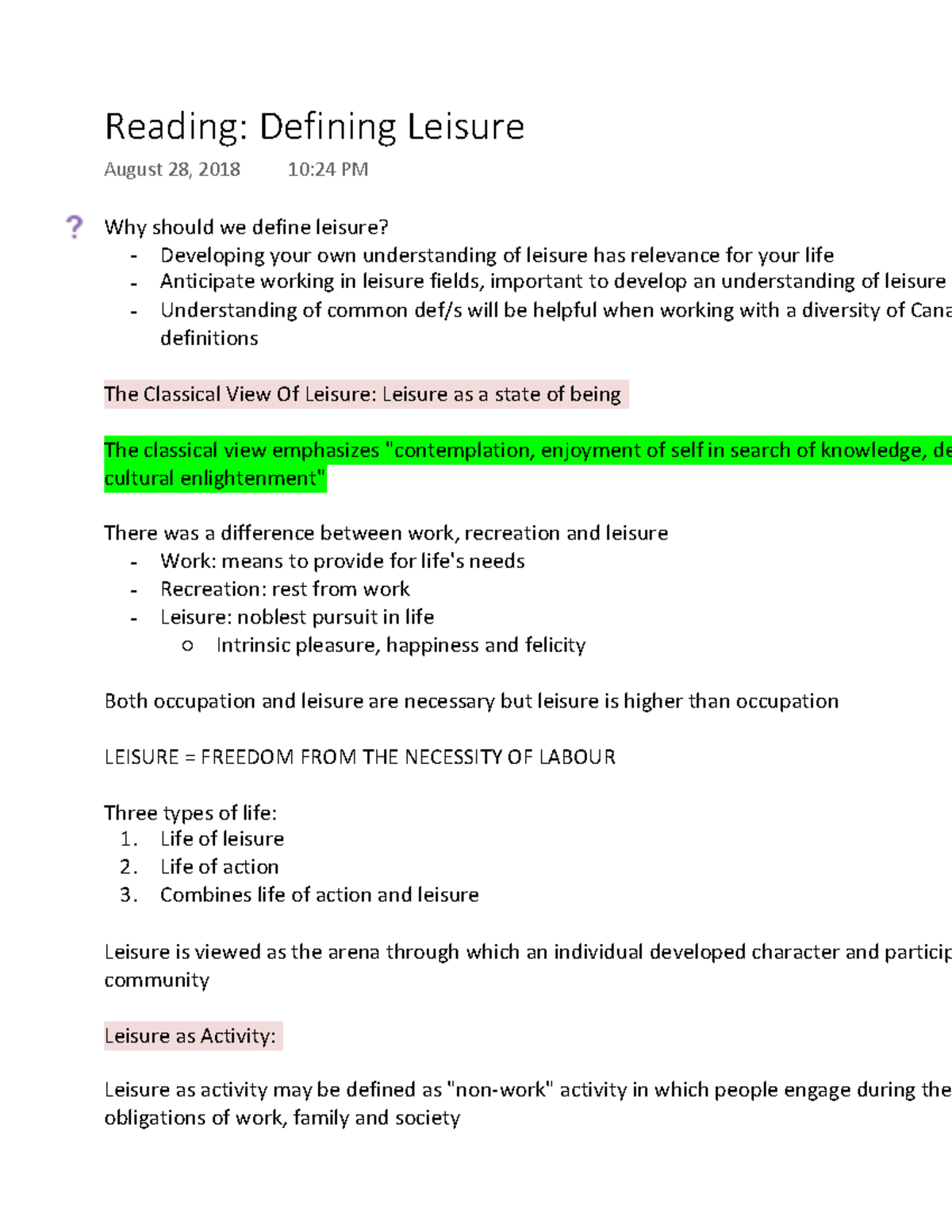 Rec 100 Defining Leisure Why should we define leisure? Developing