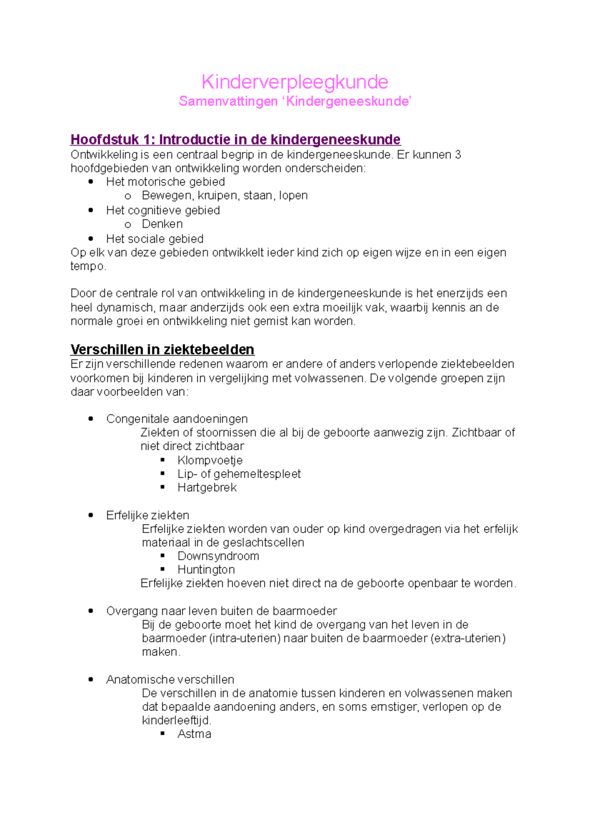 Samenvatting Kindergeneeskunde - Kinderverpleegkunde Samenvattingen ...