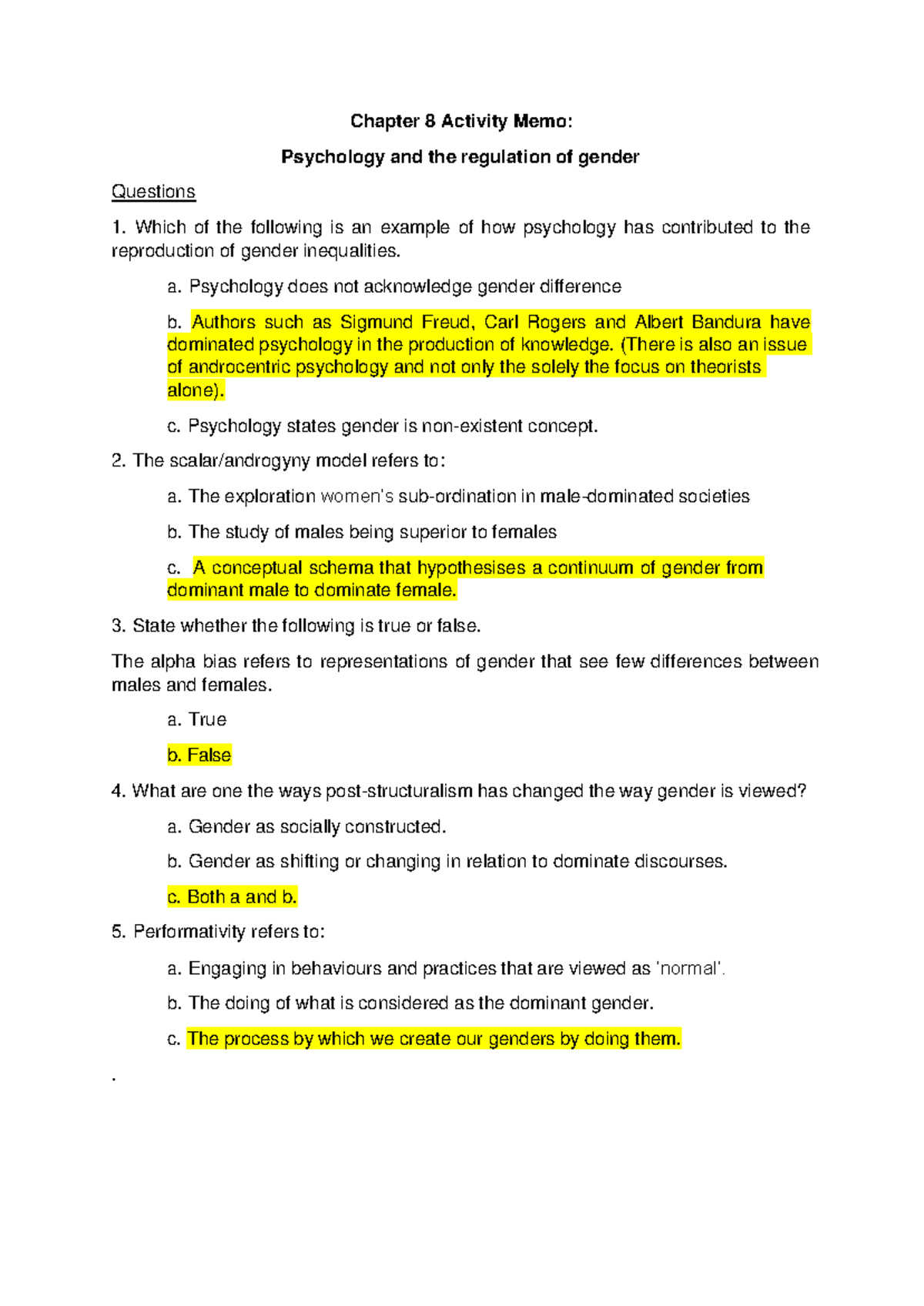 Chapter 8 Memorandum Psychology and Regulation of Gender Chapter 8