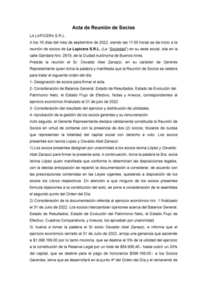 Acta reunion de socios la lapicera srl - Acta de Reunión de Socios LA  LAPICERA S. A los 16 días del - Studocu