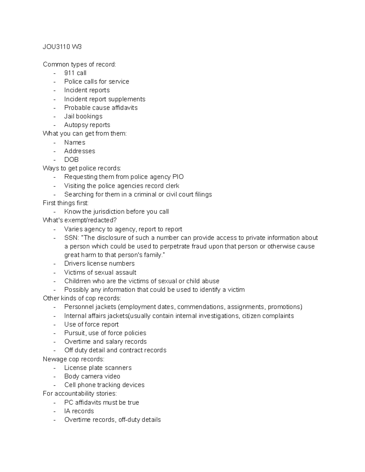 JOU3110 W3 - my notes (research) - JOU3110 W Common types of record ...