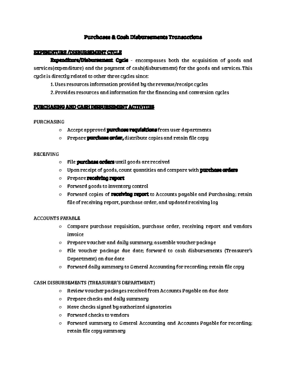 Expenditure Disbursement Cycle Purchases & Cash Disbursements