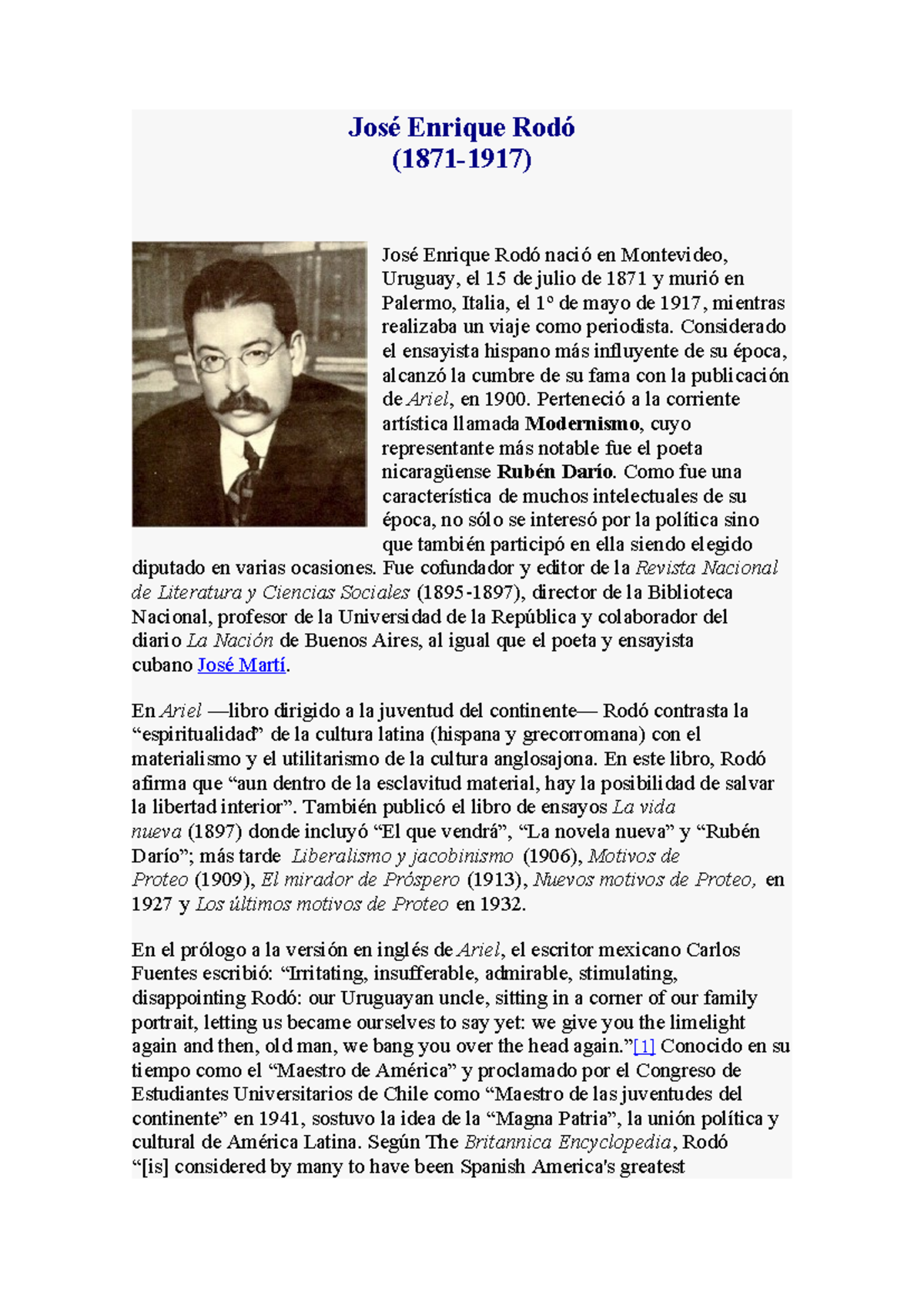 José Enrique Rodó - SFG - José Enrique Rodó (1871-1917) José Enrique ...