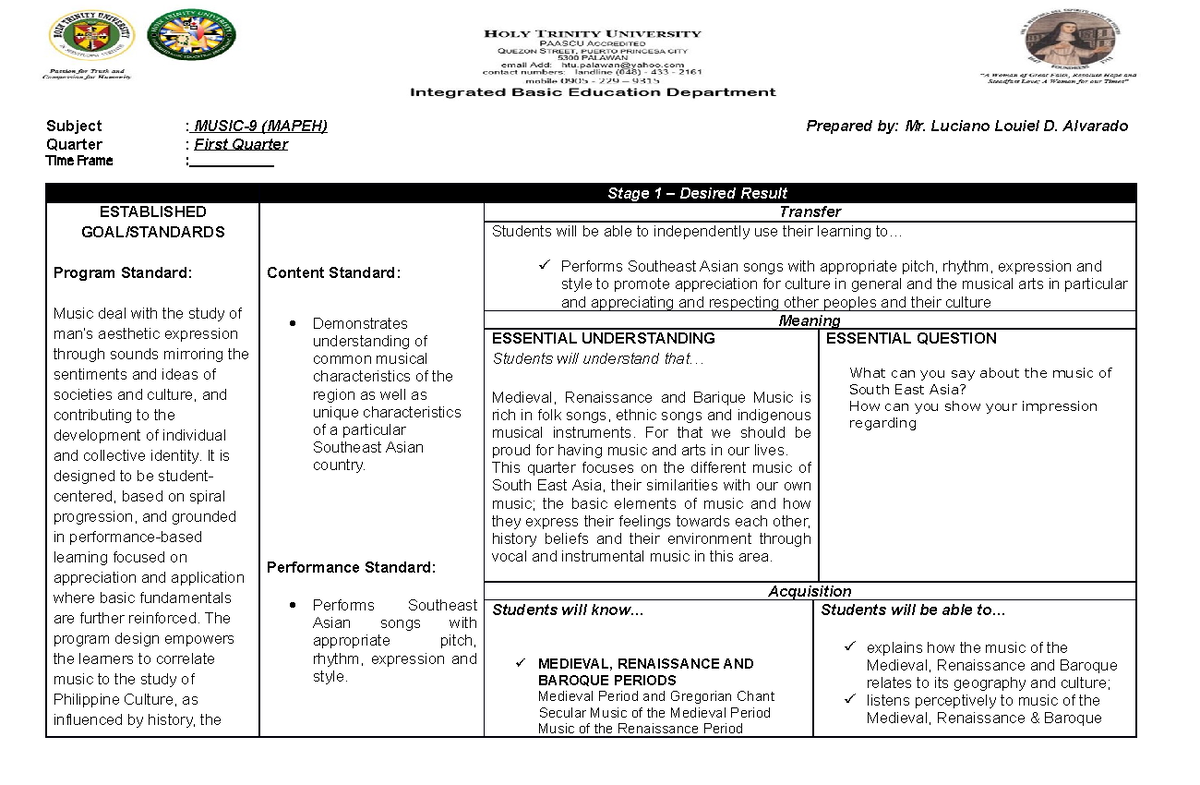 Unit Plan (music) Grade 9 - Subject : MUSIC-9 (MAPEH) Prepared by: Mr ...