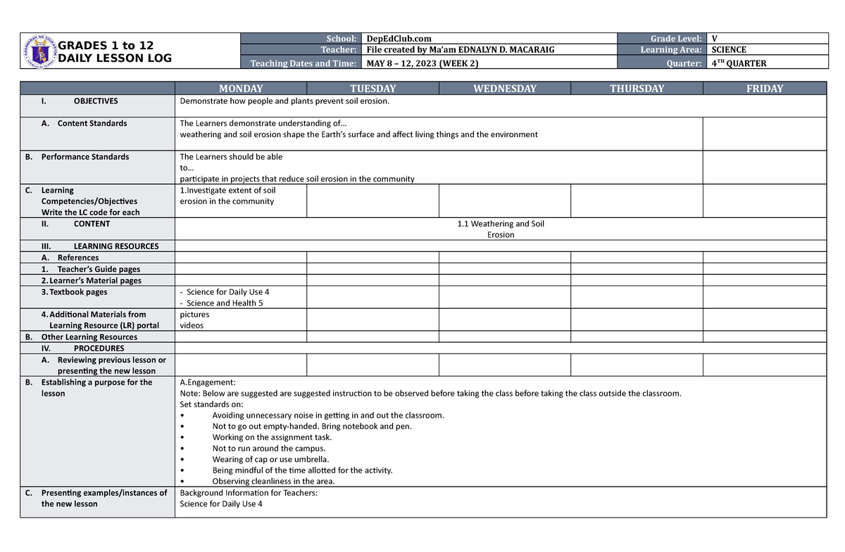 DLL Science 5 Q4 W2 - TNX - GRADES 1 To 12 DAILY LESSON LOG School ...