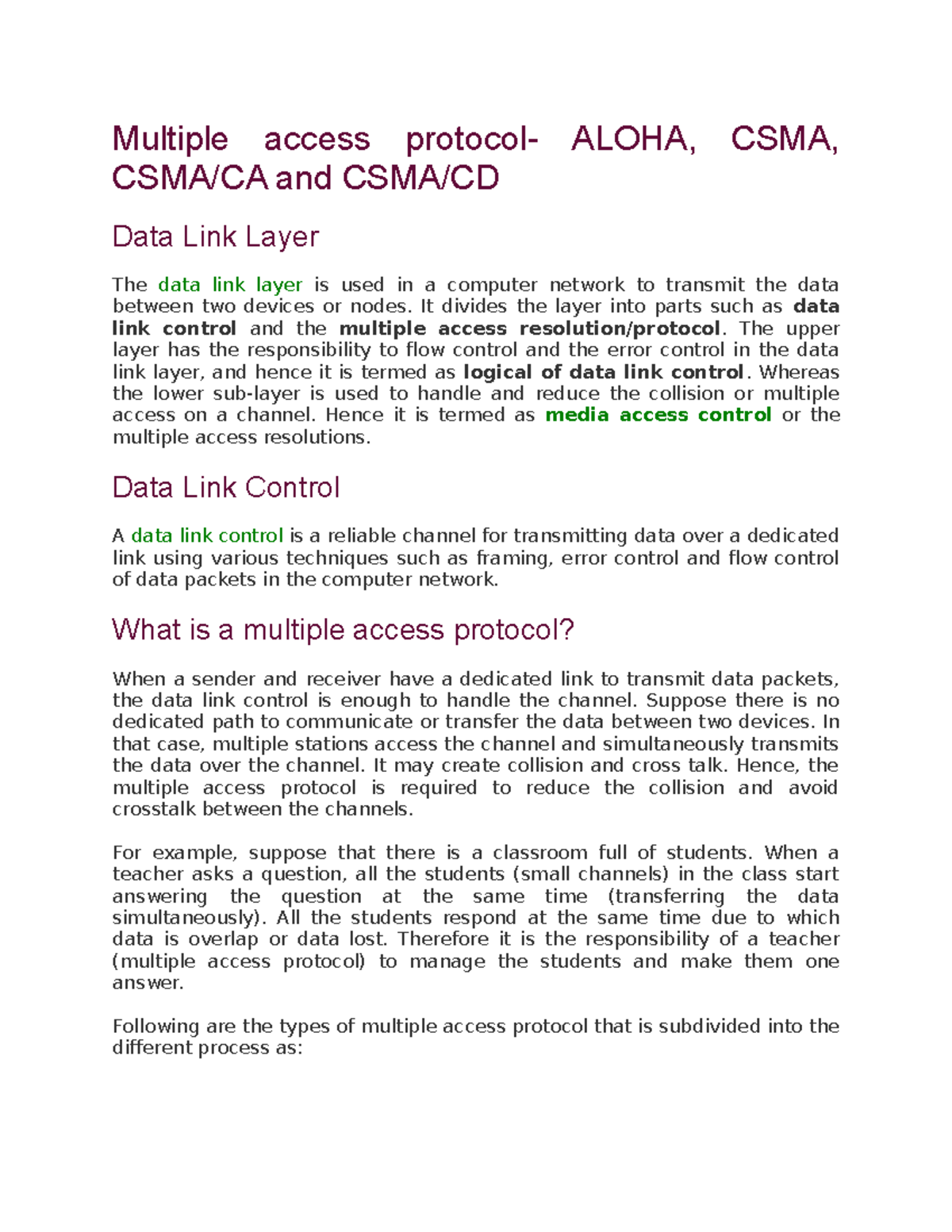 Aloha CSMA - Multiple access protocol- ALOHA, CSMA, CSMA/CA and CSMA/CD ...