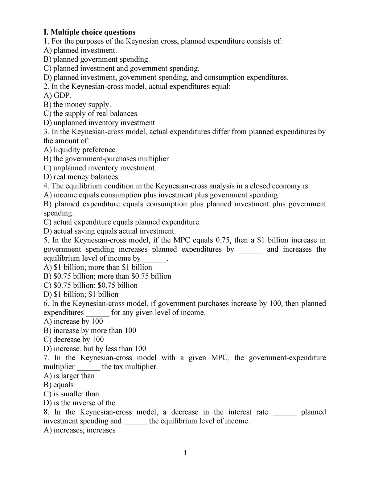 Keynesian Cross Model I Multiple Choice Questions 1 For The