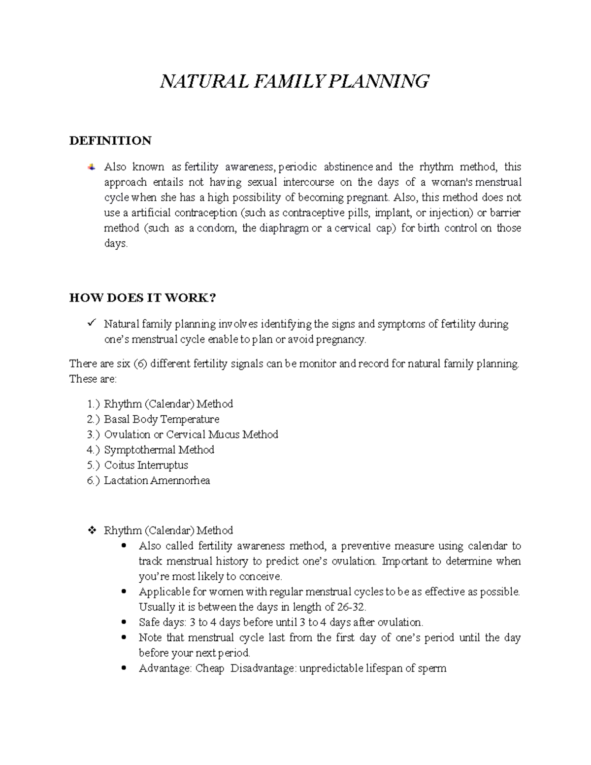 Maternal and Child Health Nursing (Natural Family Planning) NATURAL FAMILY PLANNING DEFINITION