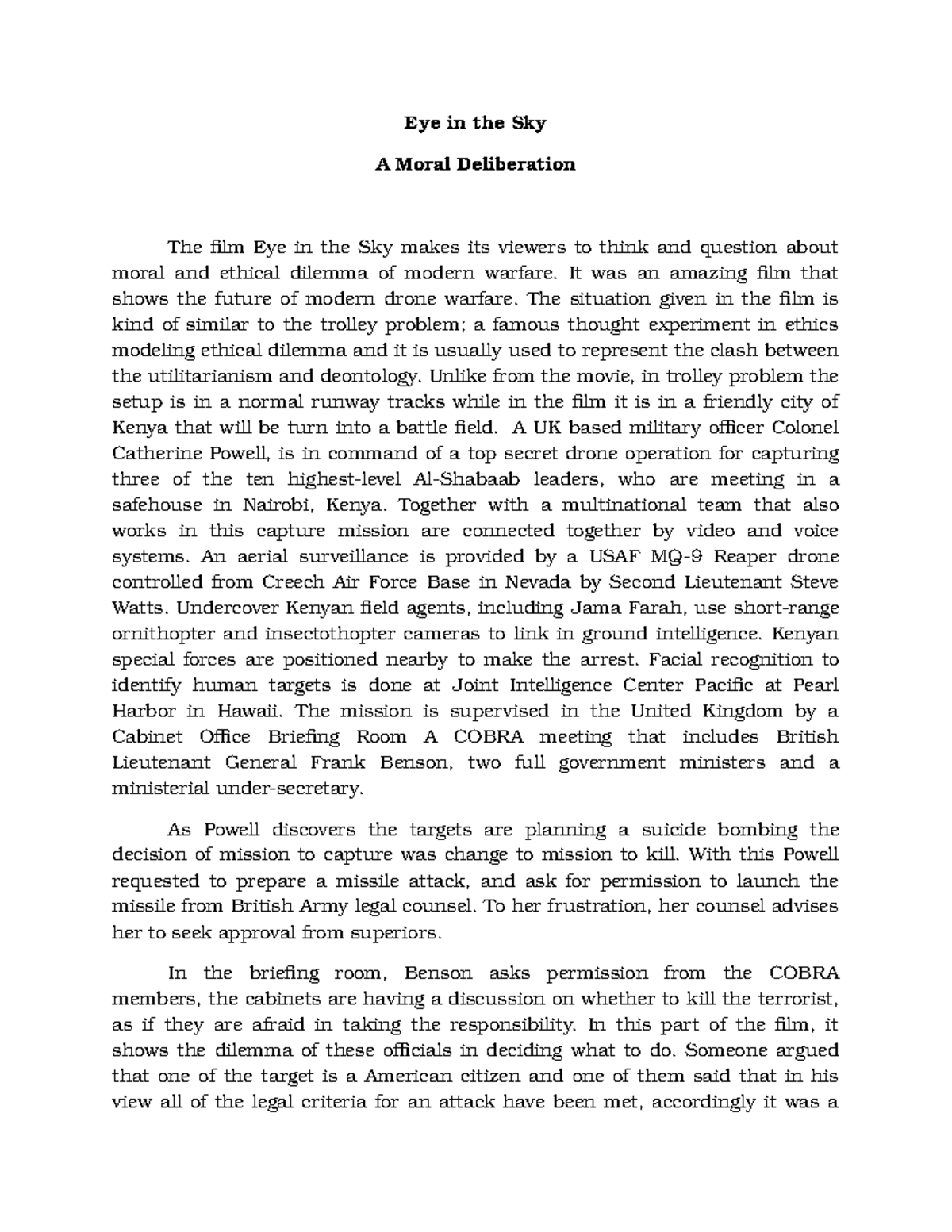 Moral deliberation of eye in the sky Eye in the Sky A Moral