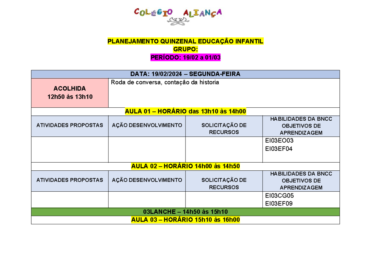 Planejamento Quinz VESP EDUC Infan 2024 - PLANEJAMENTO QUINZENAL ...