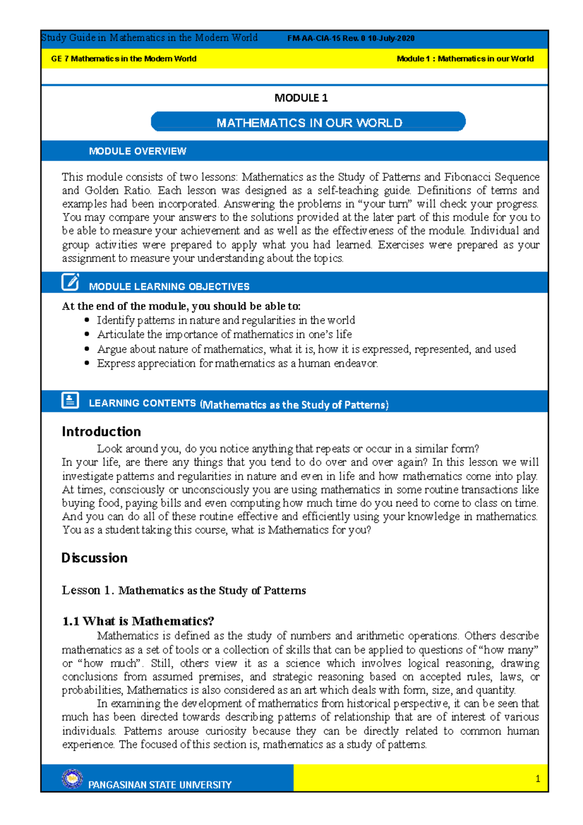 Mathematics in Modern World Module - Study Guide in Mathematics in the ...