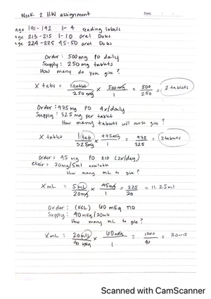 Week 2 Pharm HW - Examples of dosage calc w answers - 50 X= mL 5 mL x ...