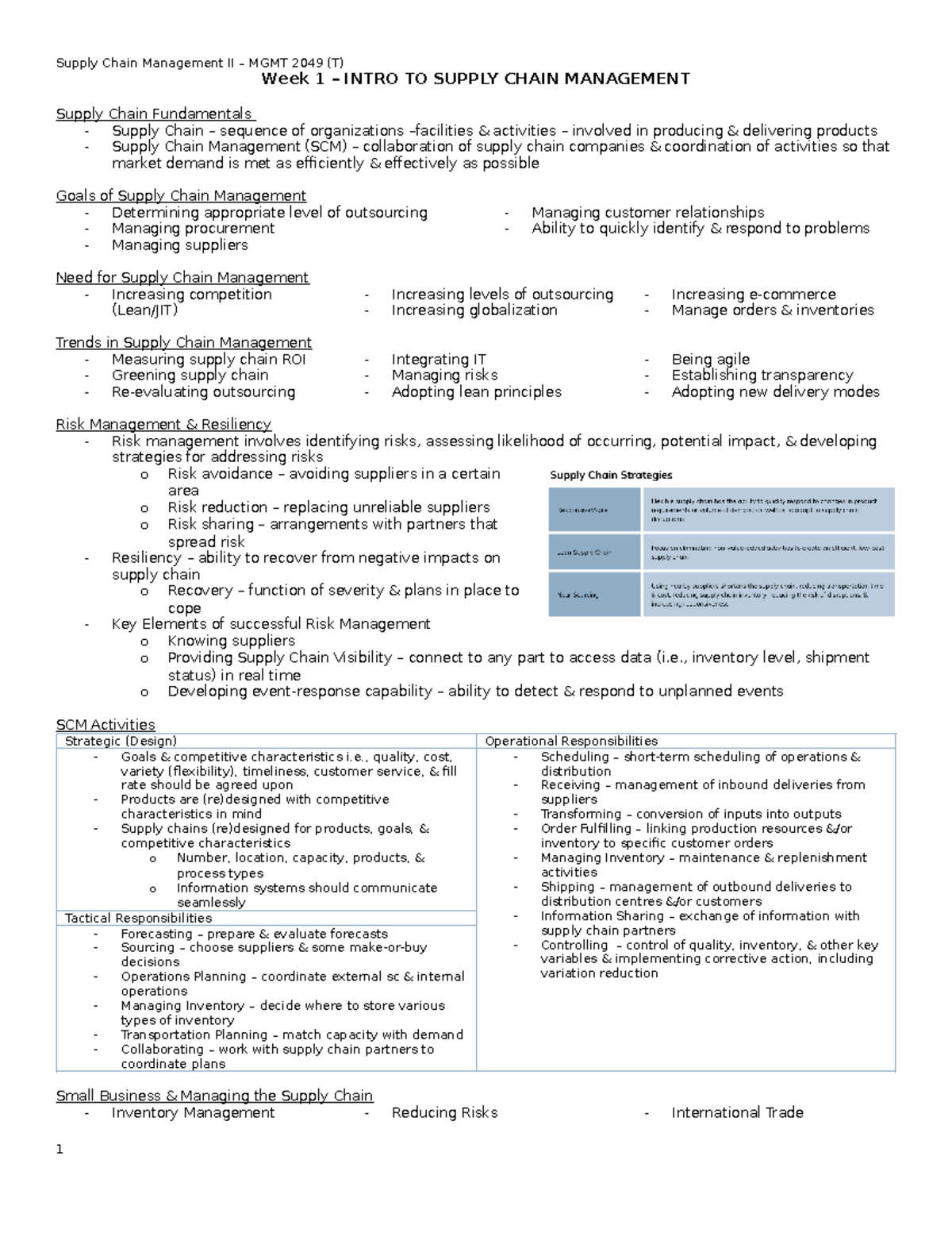 Notes - Supply Chain Management II - First Half - ####### Week 1 ...