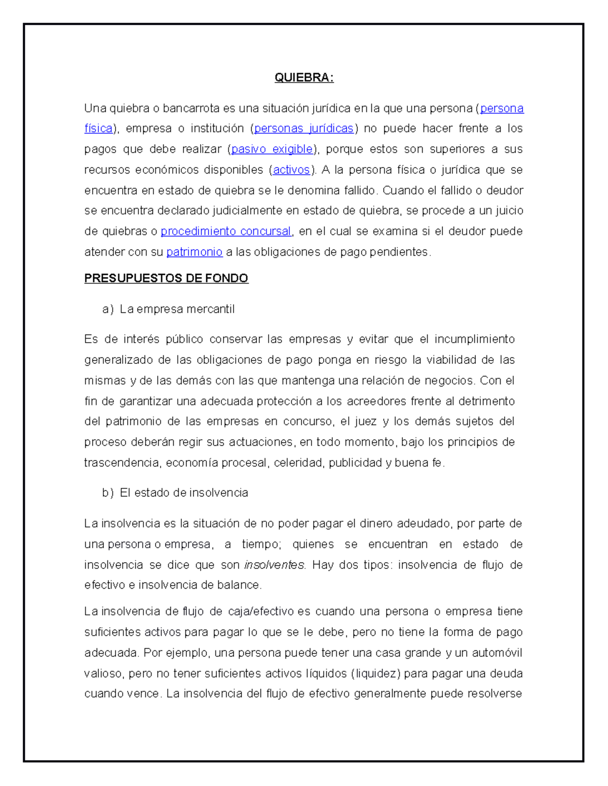 Derecho de quiebras - QUIEBRA: Una quiebra o bancarrota es una ...
