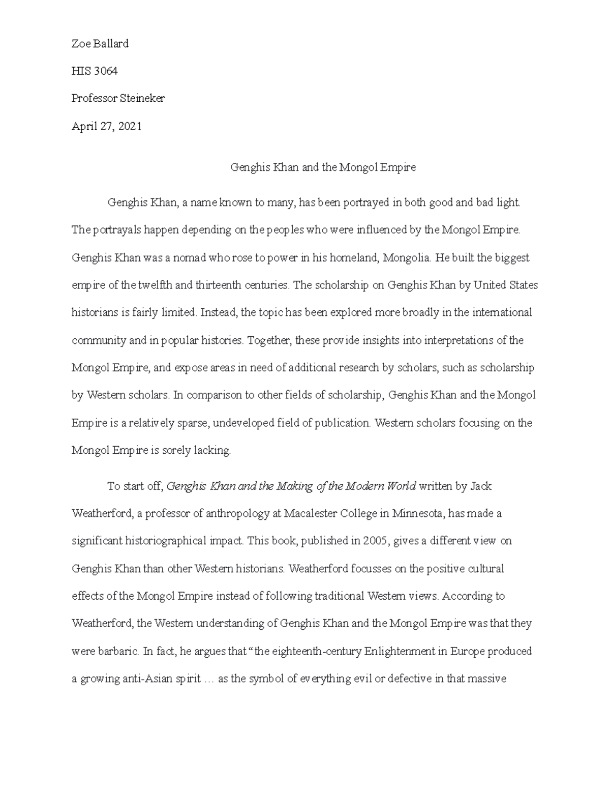 Genghis Khan - Dr. Rowan Steineker Final Research Paper - Zoe Ballard ...