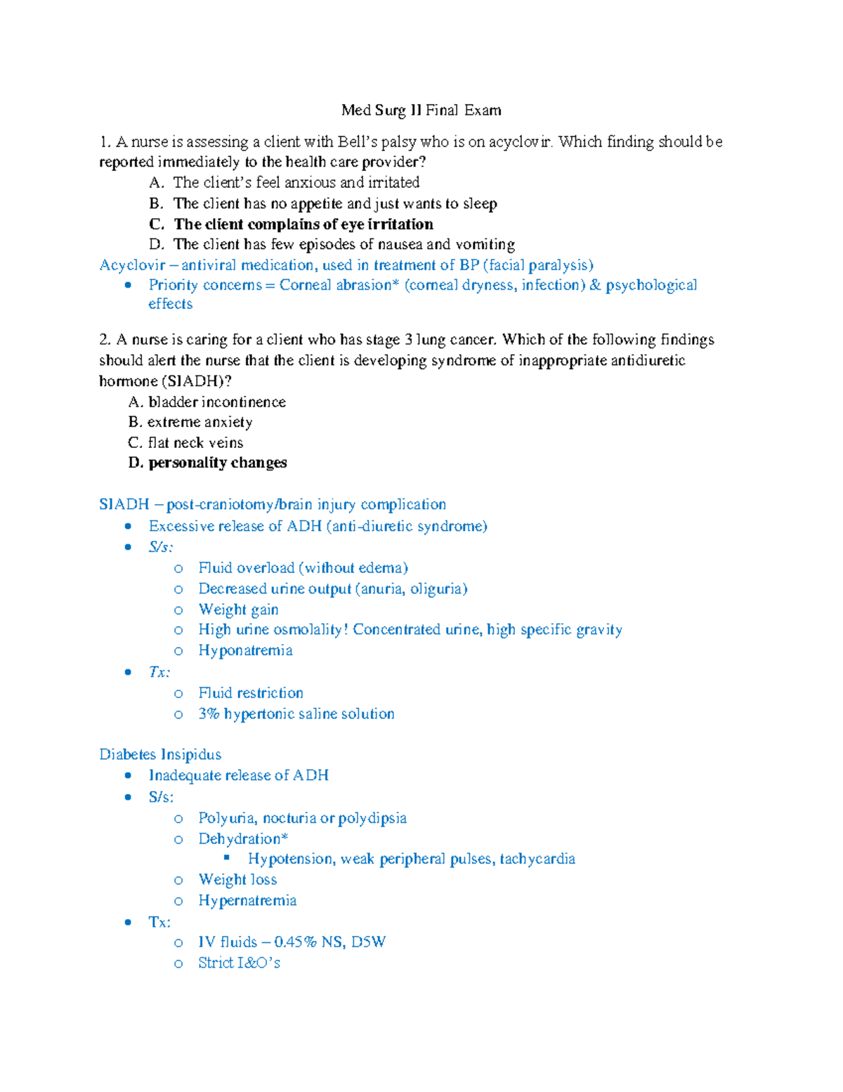 Med Surg II Final exam questions-1 - Med Surg II Final Exam A nurse is ...