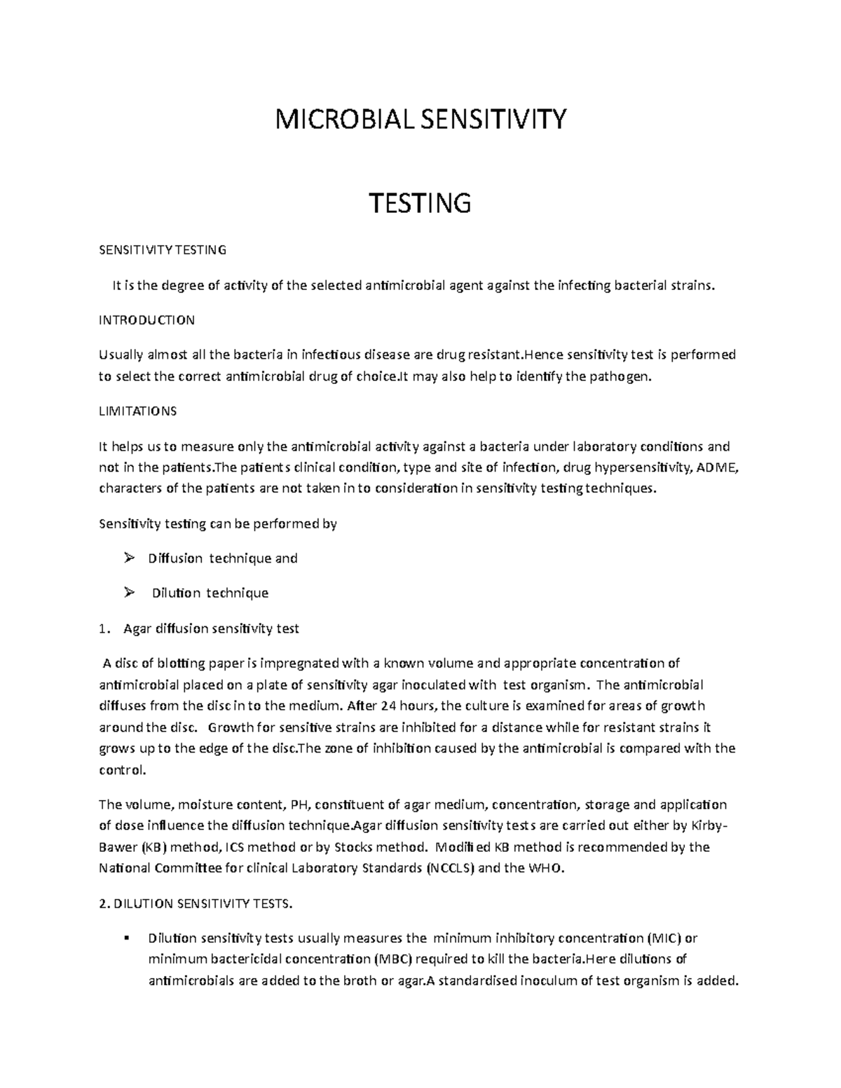 Microbial Sensitivity testing methods limitations drug resistance Pharmacy KUHS Studocu