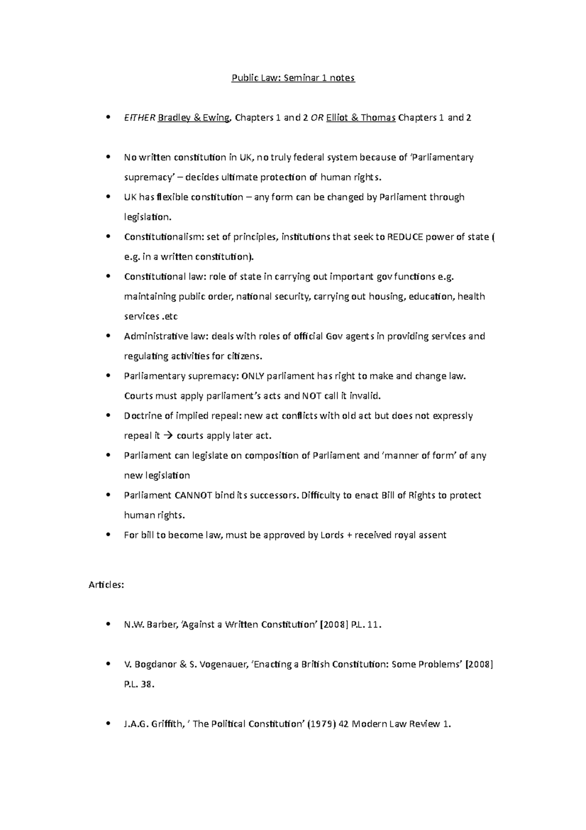 Tutorial work - 1 - Public Law: Seminar 1 notes EITHER Bradley Ewing ...