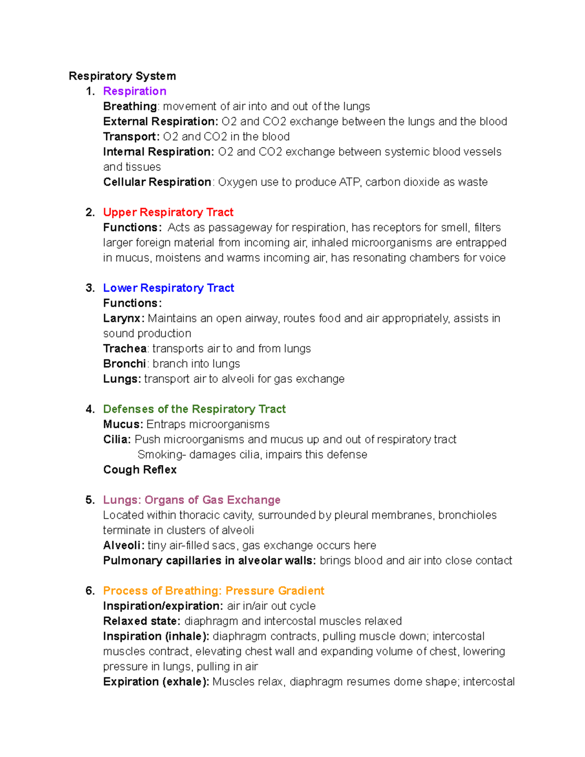 Study Guide Exam 3 - Respiratory System 1. Respiration Breathing ...