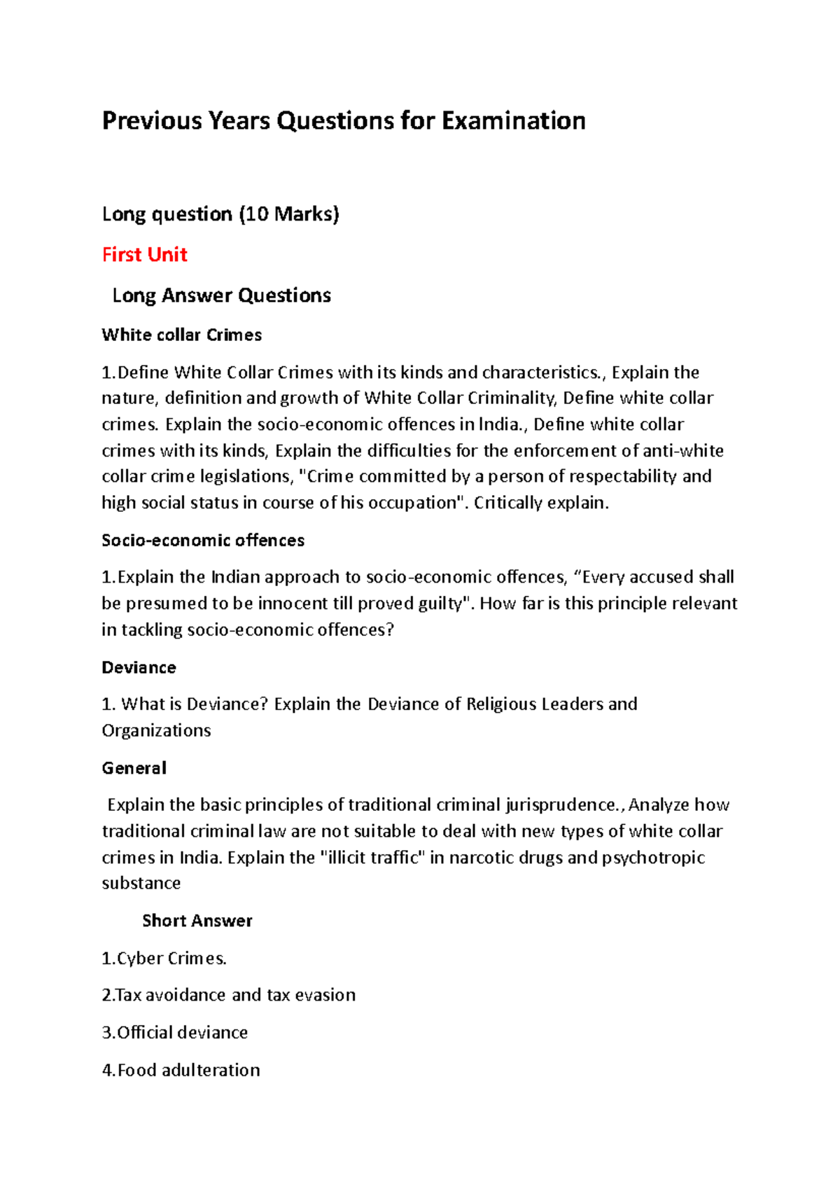 Important Questions for Examination - Previous Years Questions for ...