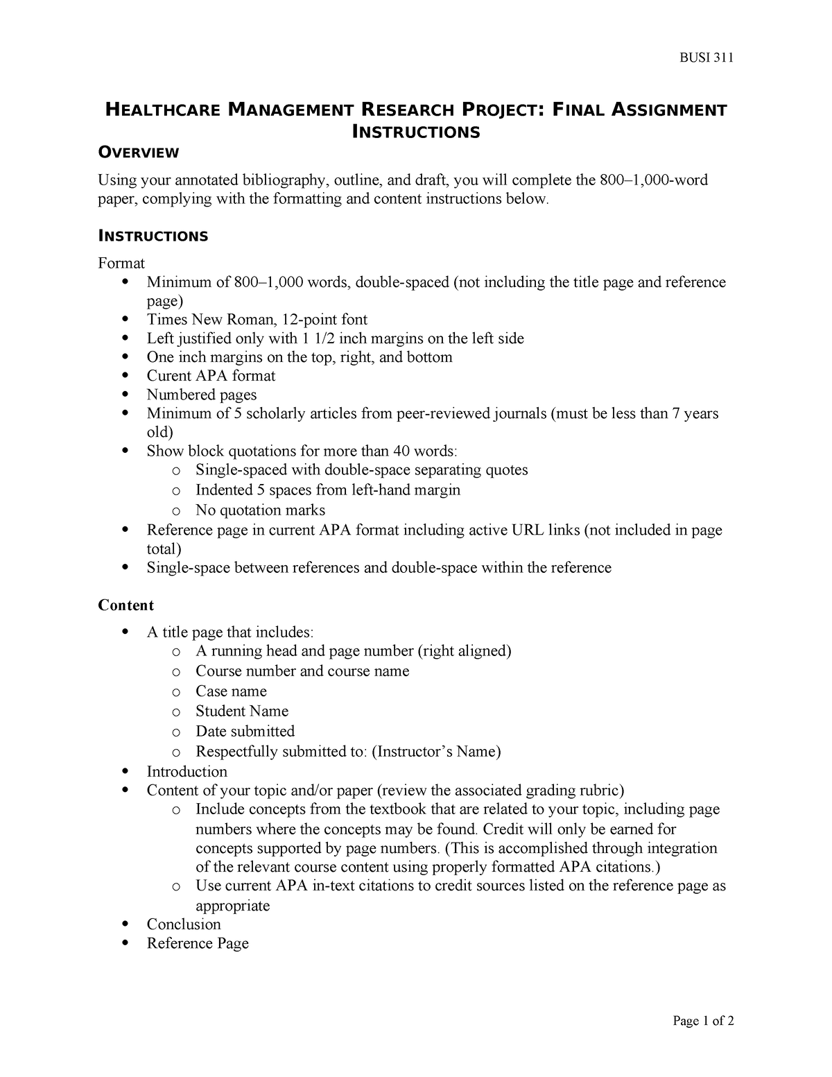 Healthcare Management Research Project Final Assignment Instructions ...