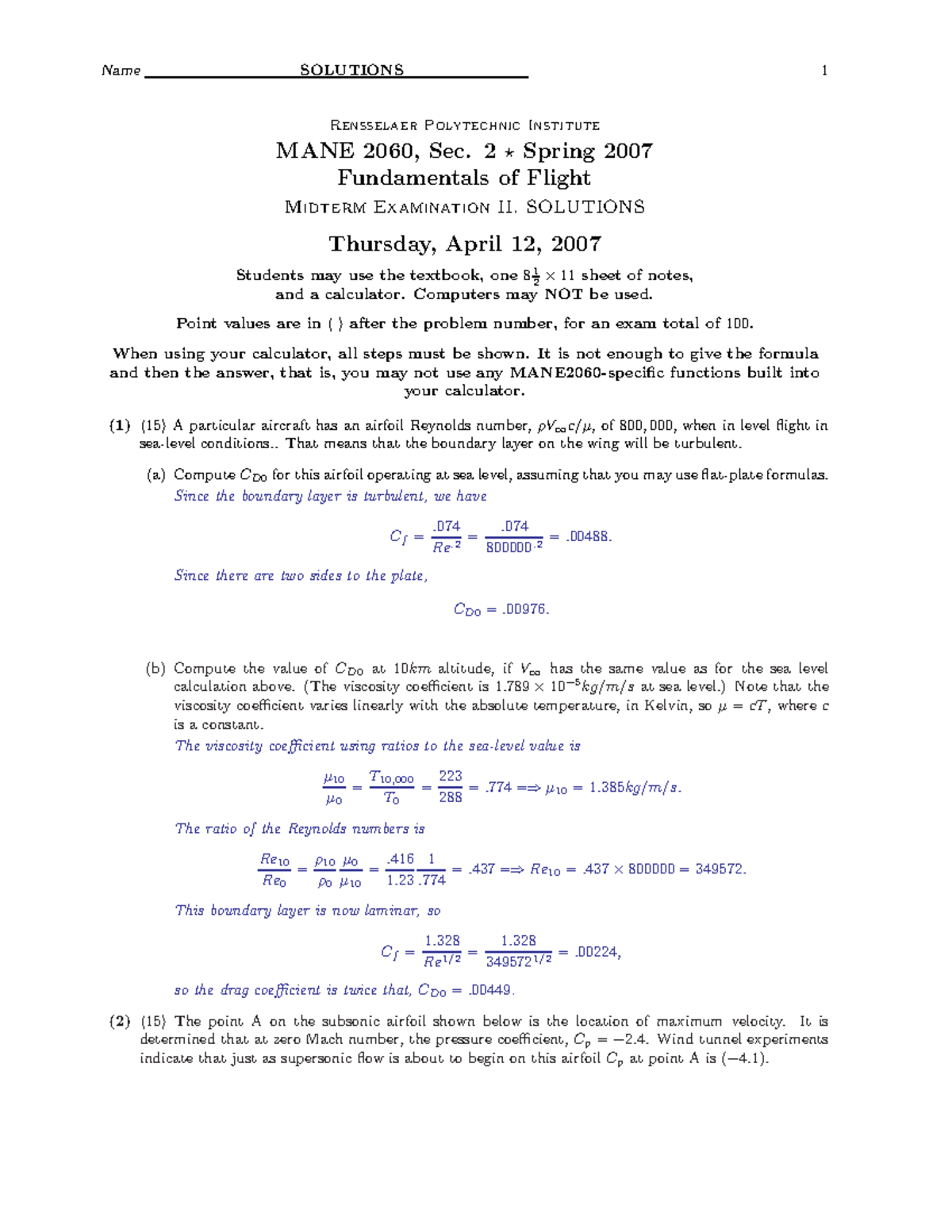 Mane-2060exam2s07 - back exams - Rensselaer Polytechnic Institute MANE ...