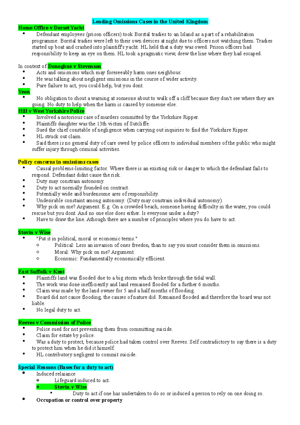 LAWS204 Omissions Notes (ALL) Leading Omissions Cases in the United
