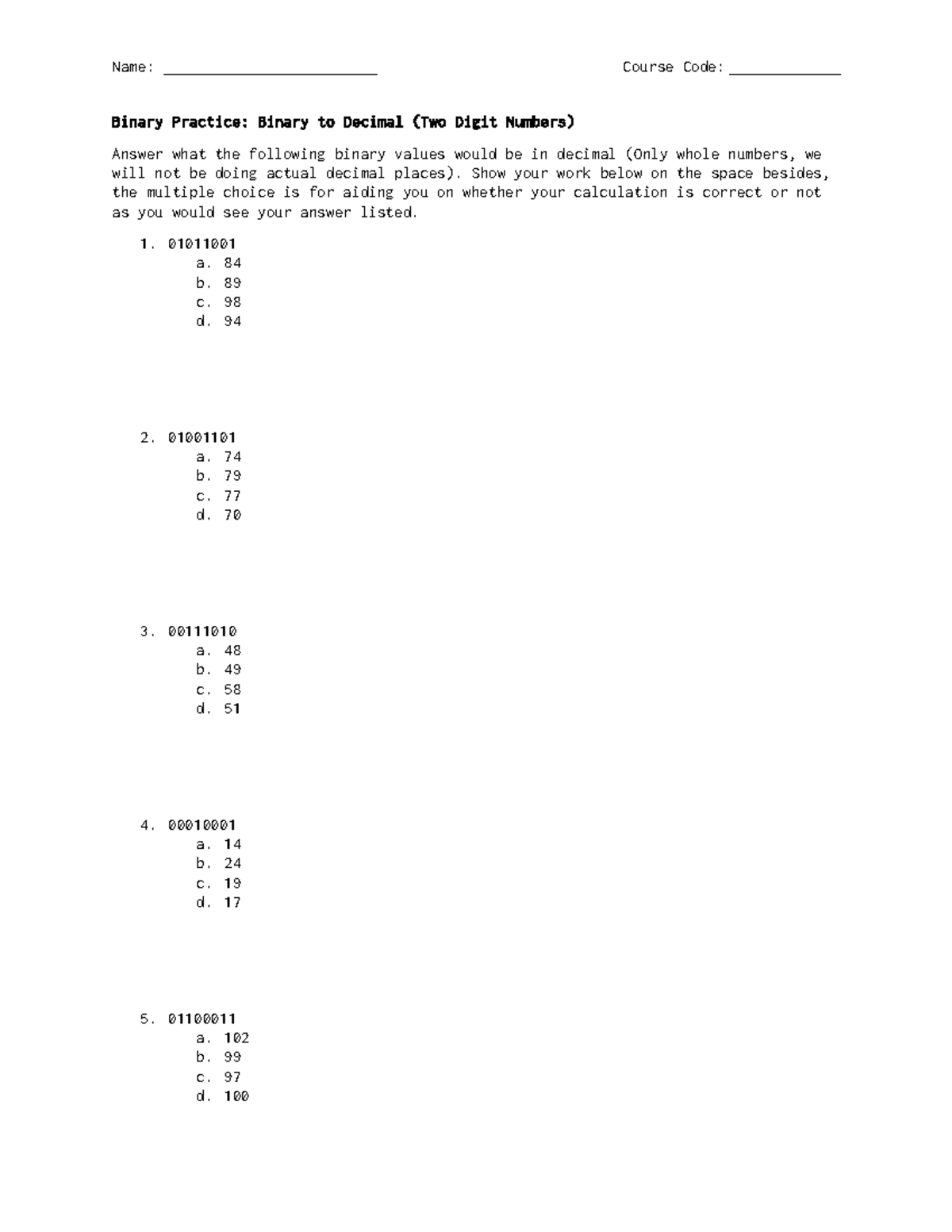 Binary Prac B - Practice Sheet For Practice Purposes Only Won't Appear ...