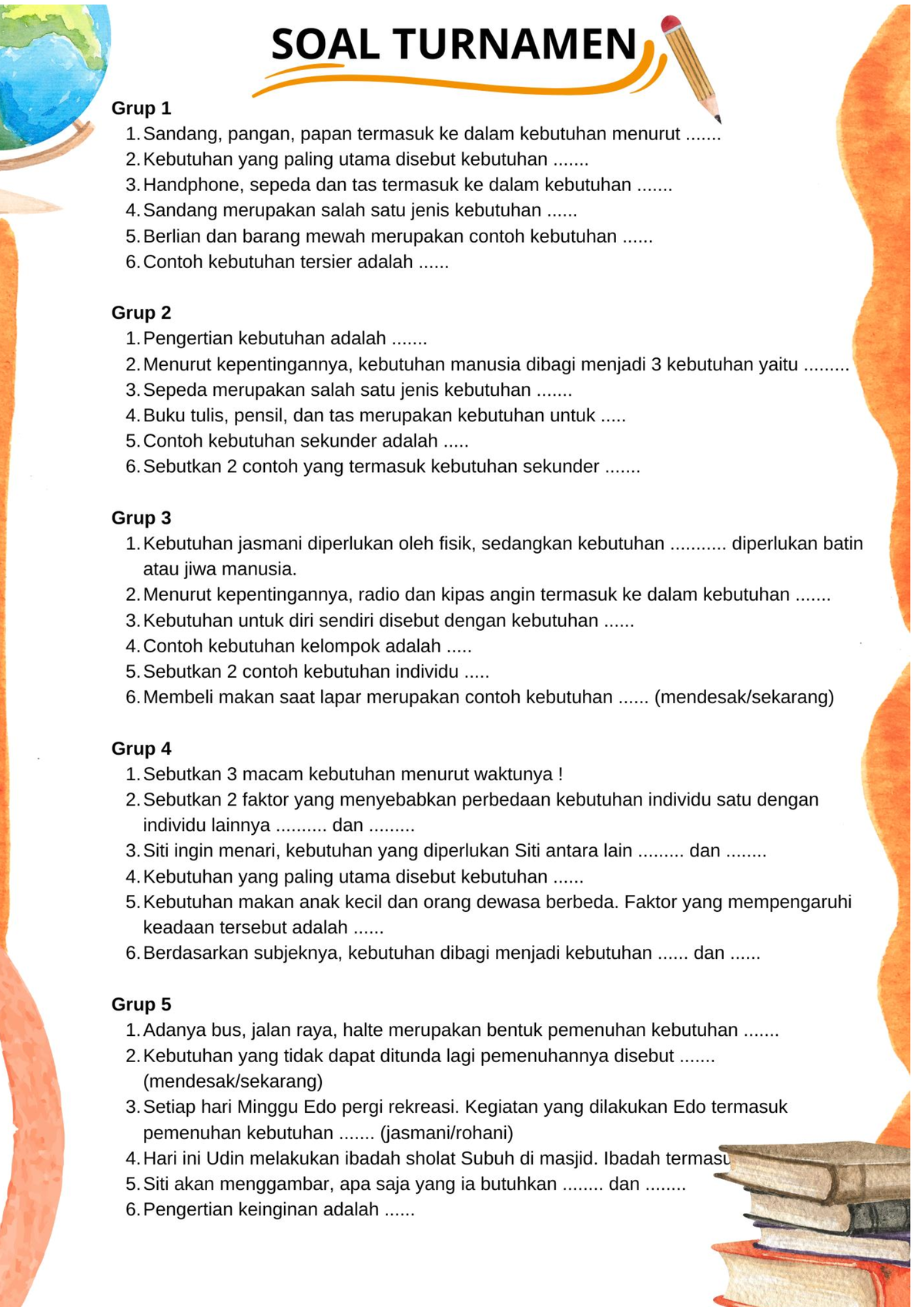 5. SOAL TGT - SOal TGT Materi Keutuhan Dan Keinginan SD Kelas 4 ...