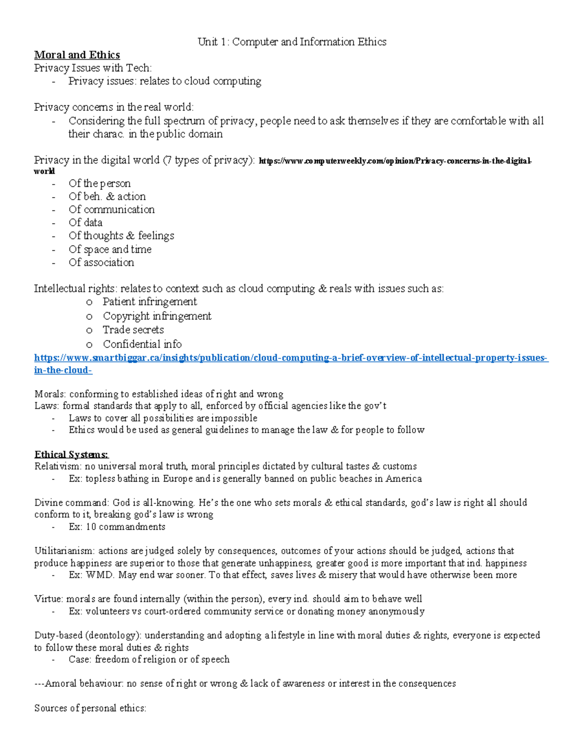 Unit 1 notes - Unit 1: Computer and Information Ethics Moral and Ethics ...