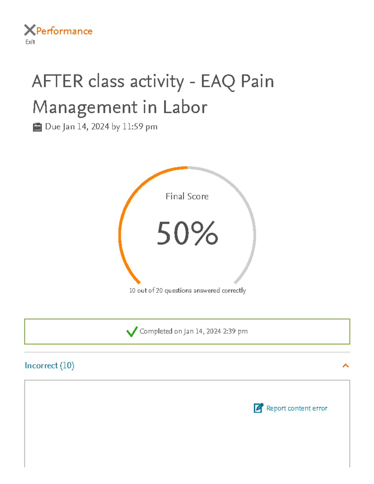 Pain EAQ - Quiz Performance - Exit Performance AFTER Class Activity ...