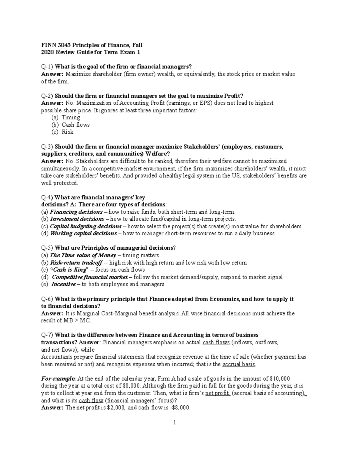 FINN 3043 - Exam 1 review guide - 1 FINN 3043 Principles of Finance ...