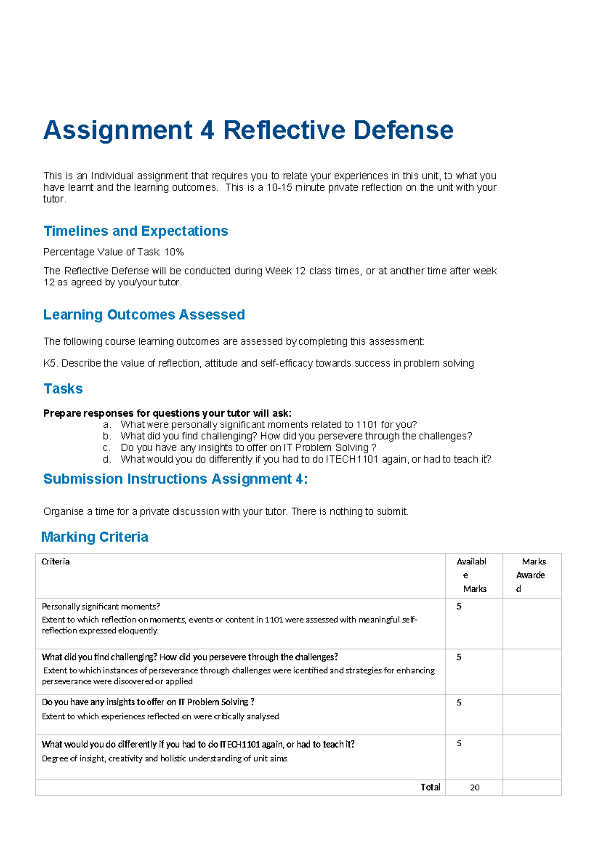 ITECH 1101 Assignment 4 Reflective Defense v1 - Assignment 4 Reflective ...