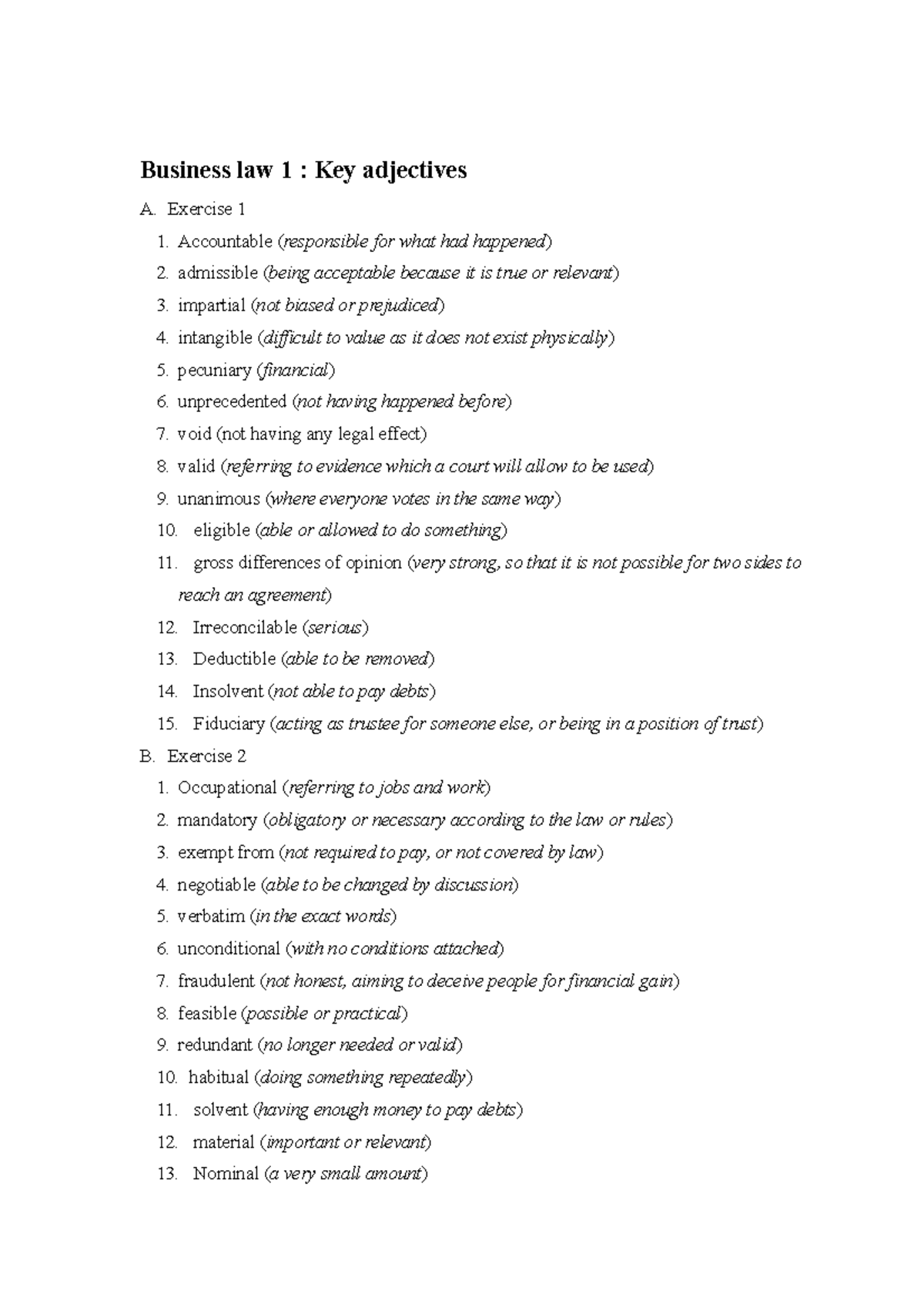 Business Law Answer 2 - Business Law 1 : Key Adjectives A. Exercise 1 1 ...