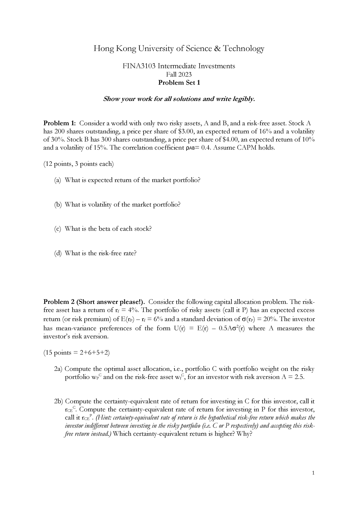 HW1 3103 - Problem Set 1 For FINA 3103 - 1 Hong Kong University Of ...