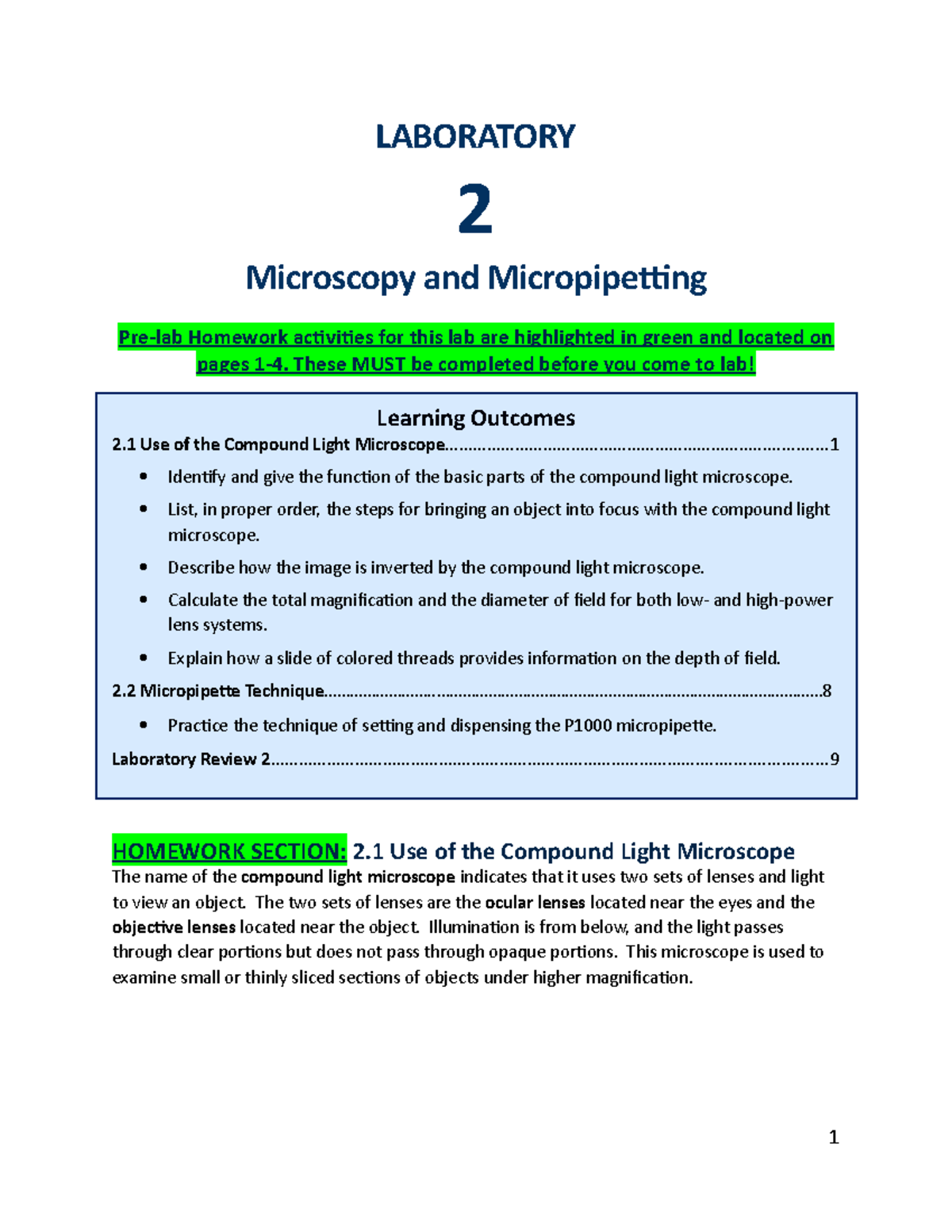 Lab 2 Microscopes and Micropipetting 12521 LABORATORY 2 Microscopy