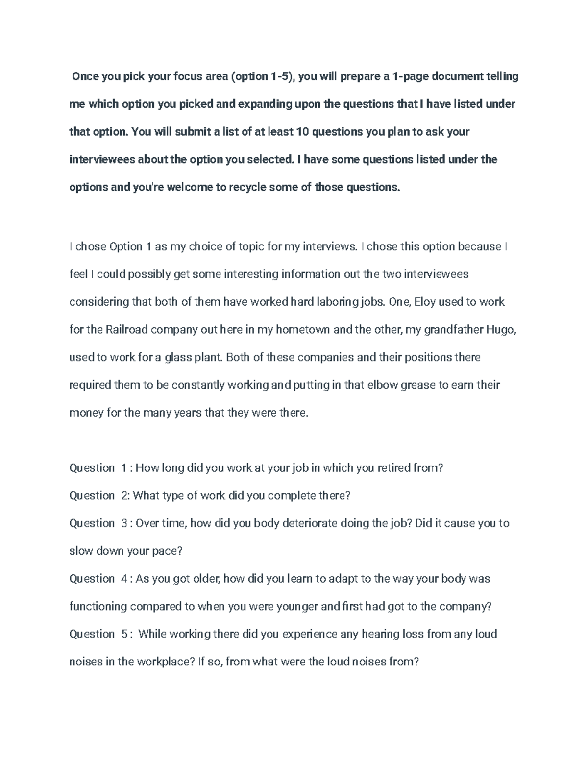 Interview questions - Once you pick your focus area (option 1-5), you ...