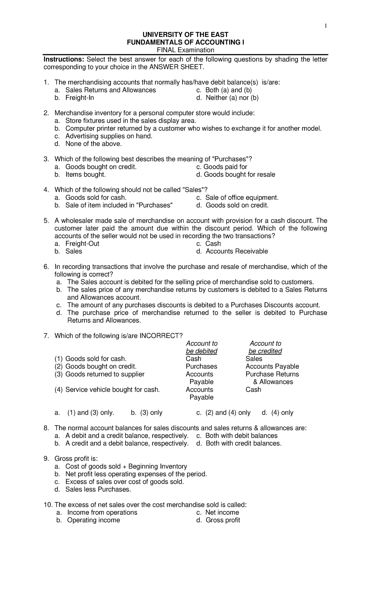 Finals Review - BFA - UNIVERSITY OF THE EAST FUNDAMENTALS OF ACCOUNTING ...