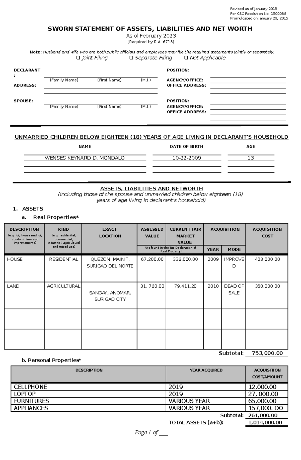 SALN Sample - FOR REFERENCE - Revised as of January 2015 Per CSC ...