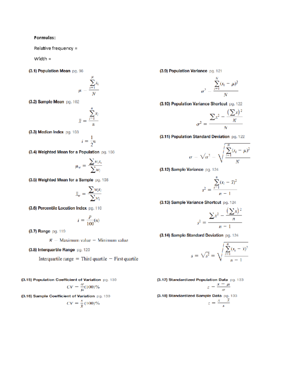 Formulas-buss 200 - Formula sheet for business statistics - Business ...