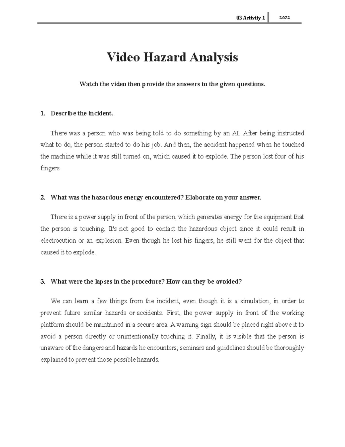Video Hazard Analysis - Subject: Microprocessor Systems, Laboratory ...