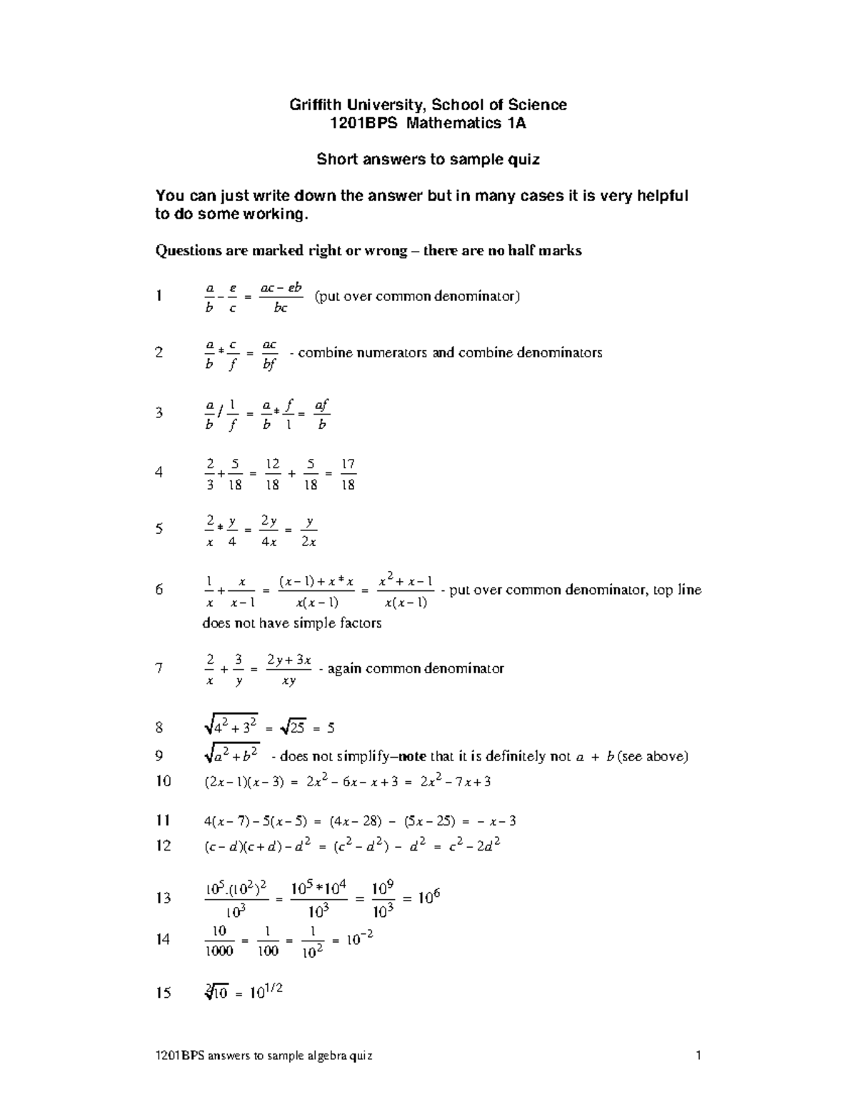 Sample/practice quiz 2014 - answers to a sample algebra test in wk 4 ...
