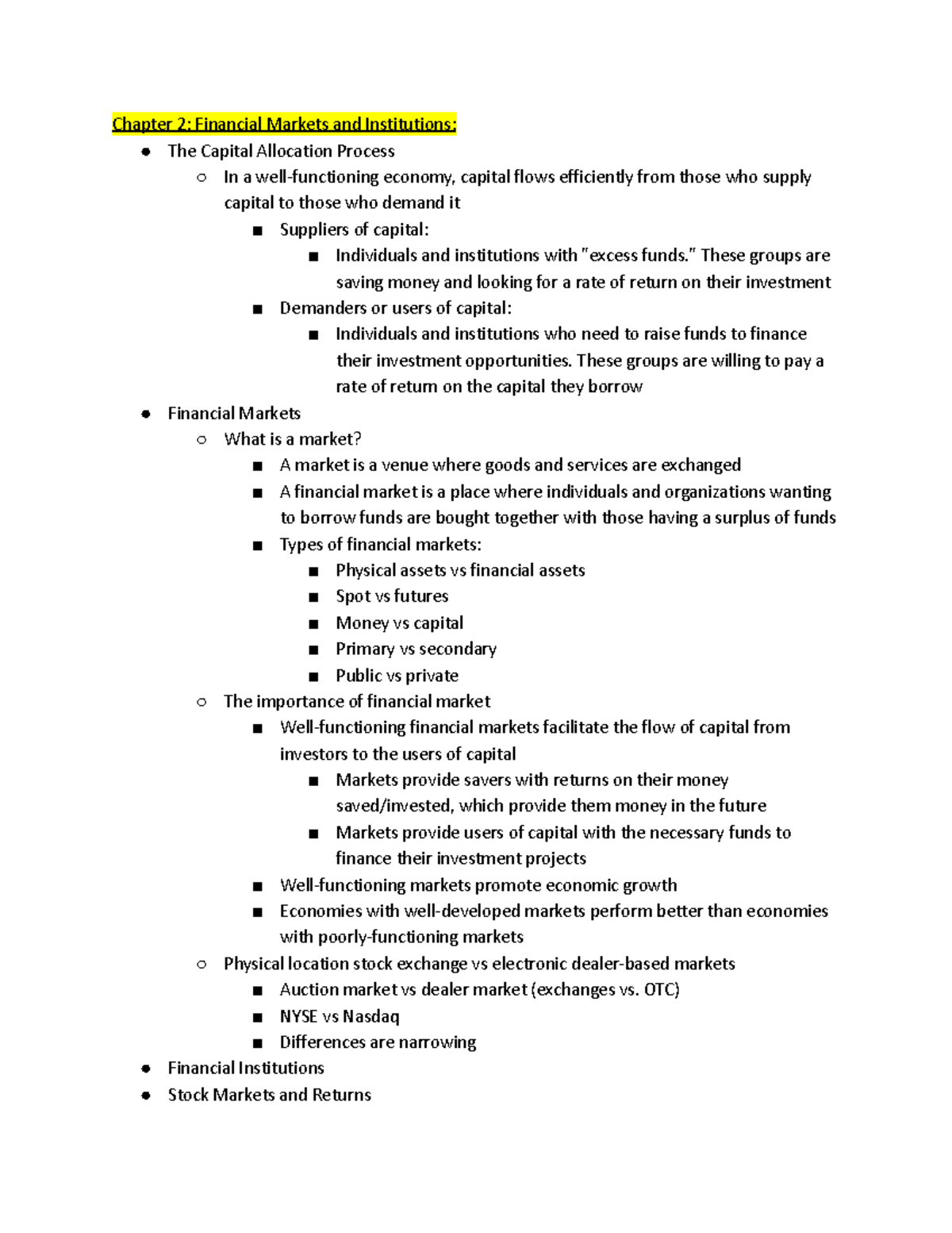 Financial Management Chapter 2 Notes - Chapter 2: Financial Markets and ...