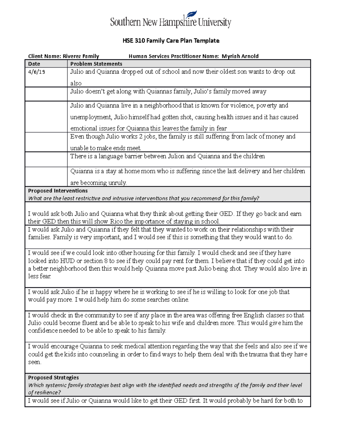 WEEK 5 Family CARE PLAN Example - HSE 310 Family Care Plan Template ...