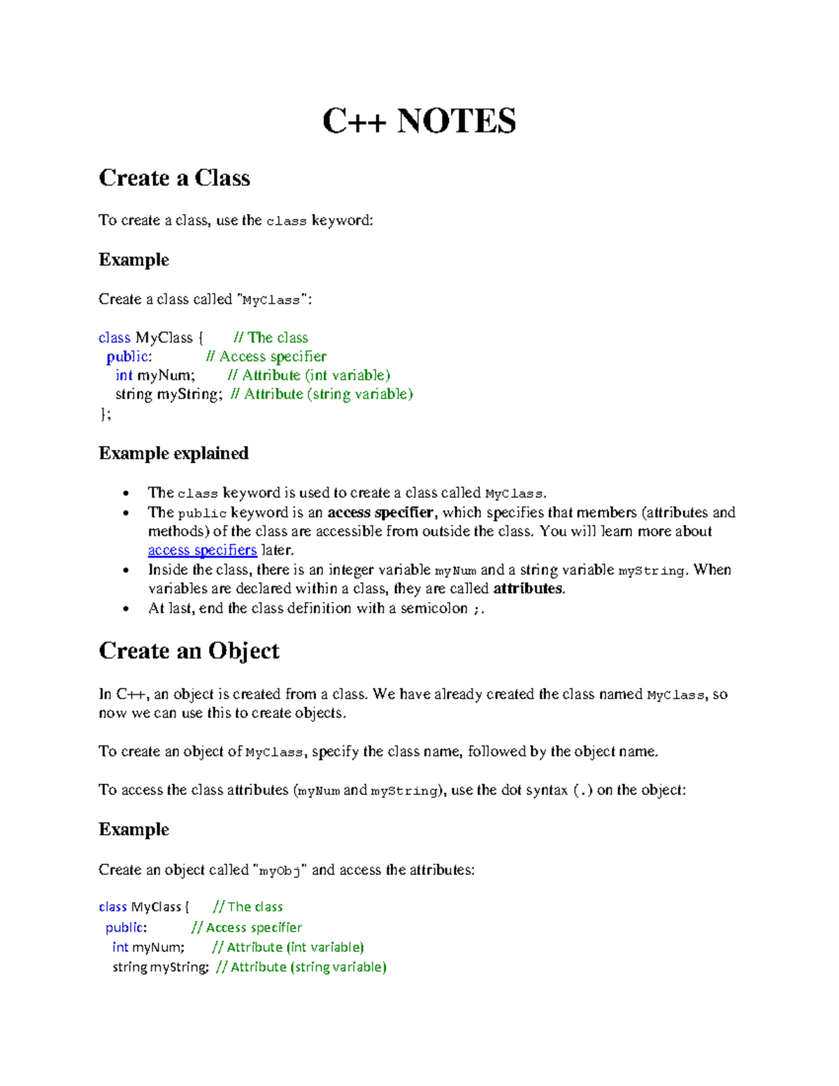 Notesc++ - revision - C++ NOTES Create a Class To create a class, use ...