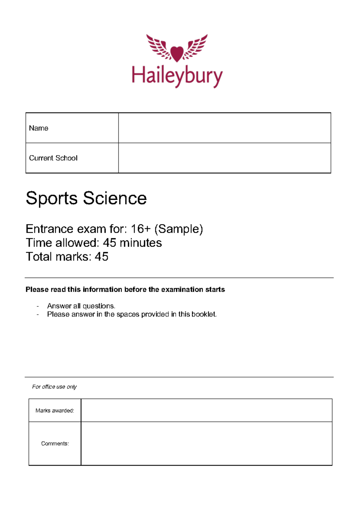 16 Sports Science Sample - Name Current School Sports Science Entrance ...