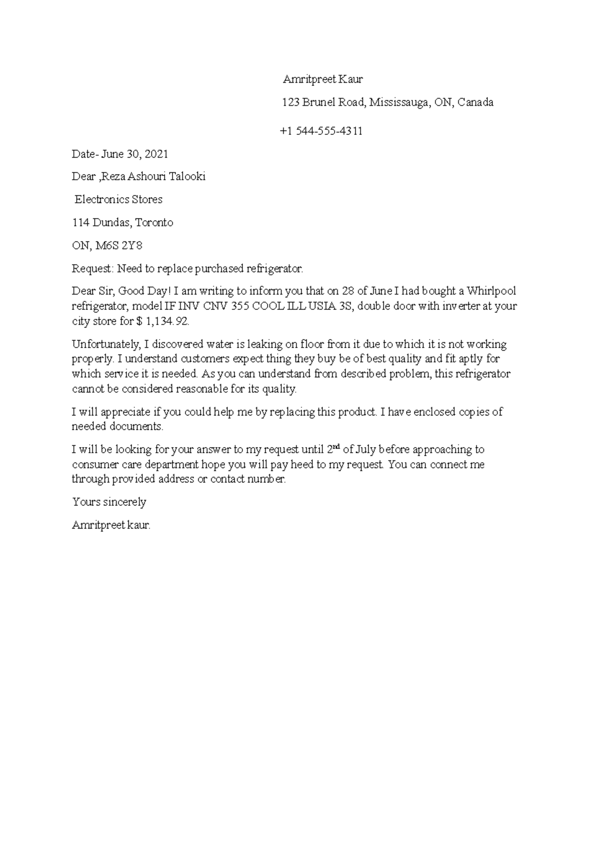 Complaint letter - Assignment - Amritpreet Kaur 123 Brunel Road ...