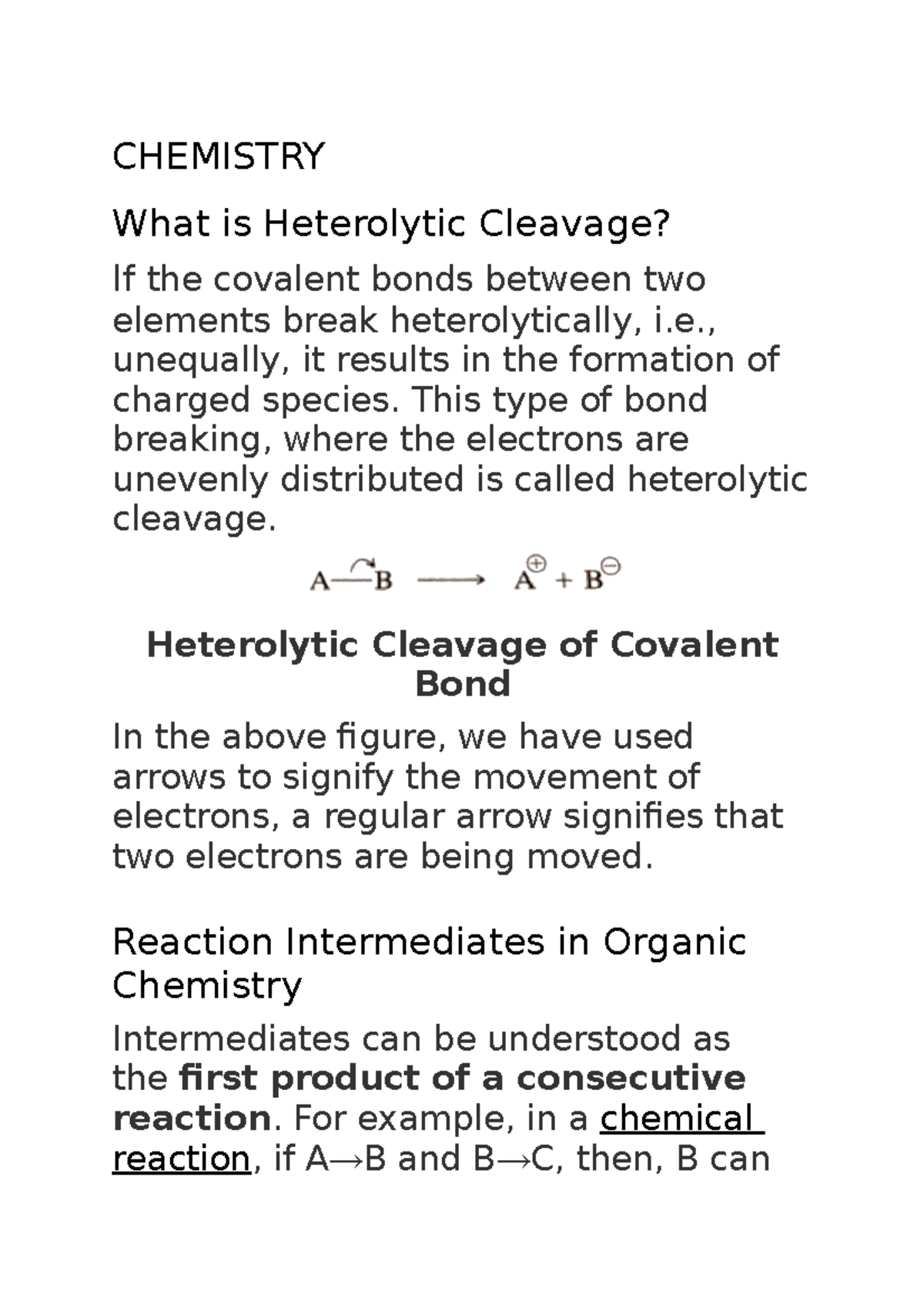 Chemistry__ NOTES - CHEMISTRY What is Heterolytic Cleavage? If the ...