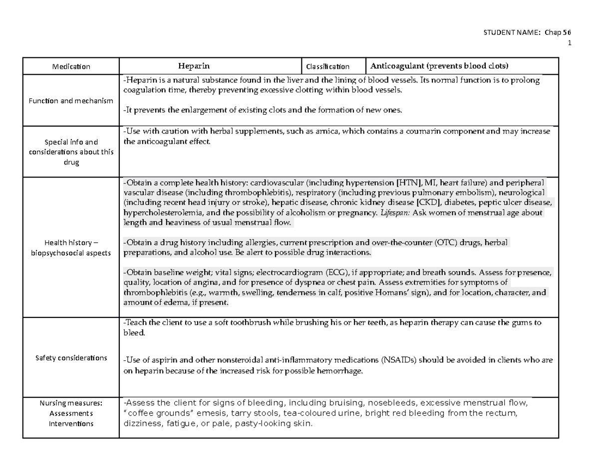 Medication Templates - Chap 56 - 1 Medicaion Heparin Classiicaion ...