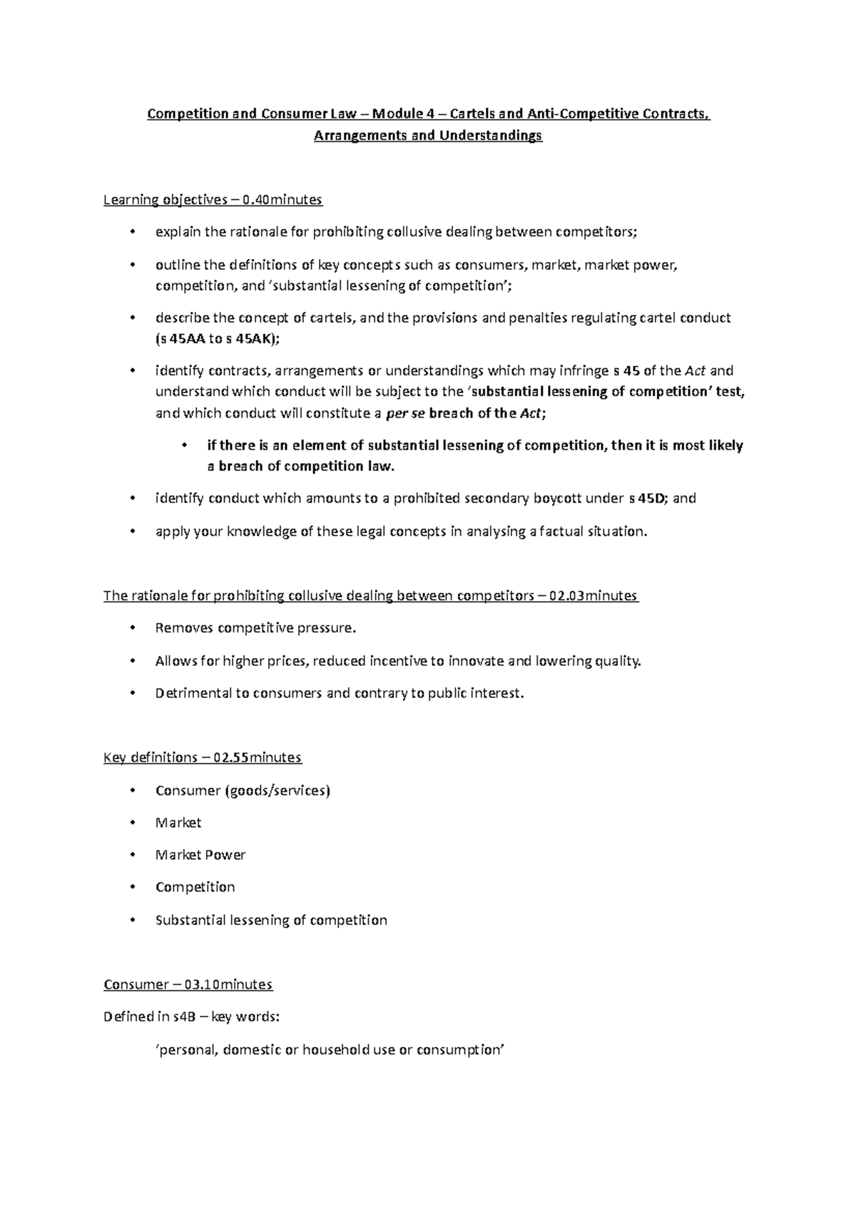 Competition and Consumer Law Module 4 Cartels and